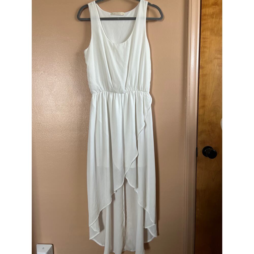 Malloy White High Low Chiffon Dress Deep V Elastic Waist Flutter Skirt M